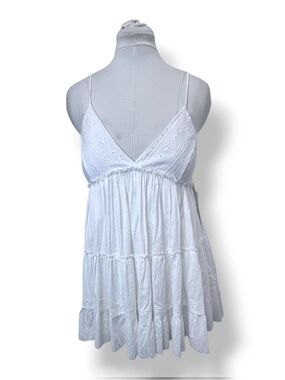 Kirious Women’s White Eyelet Spaghetti-Strap Babydoll Mini Dress Cotton White L